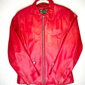 Vintage 90s Guess Red Leather Moto Jacket Womens Medium Zip Up Coat Barbie Core